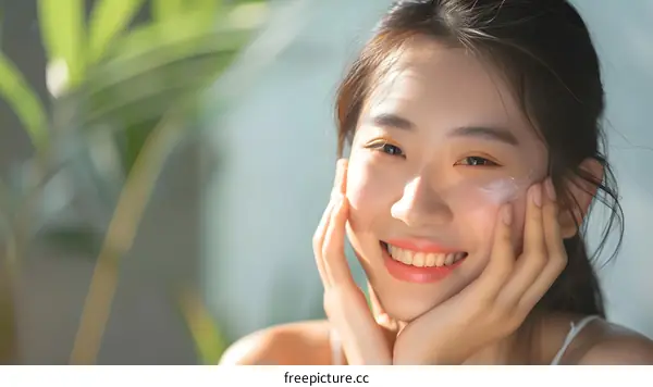 Smiling Asian Woman Applying Facial Cream