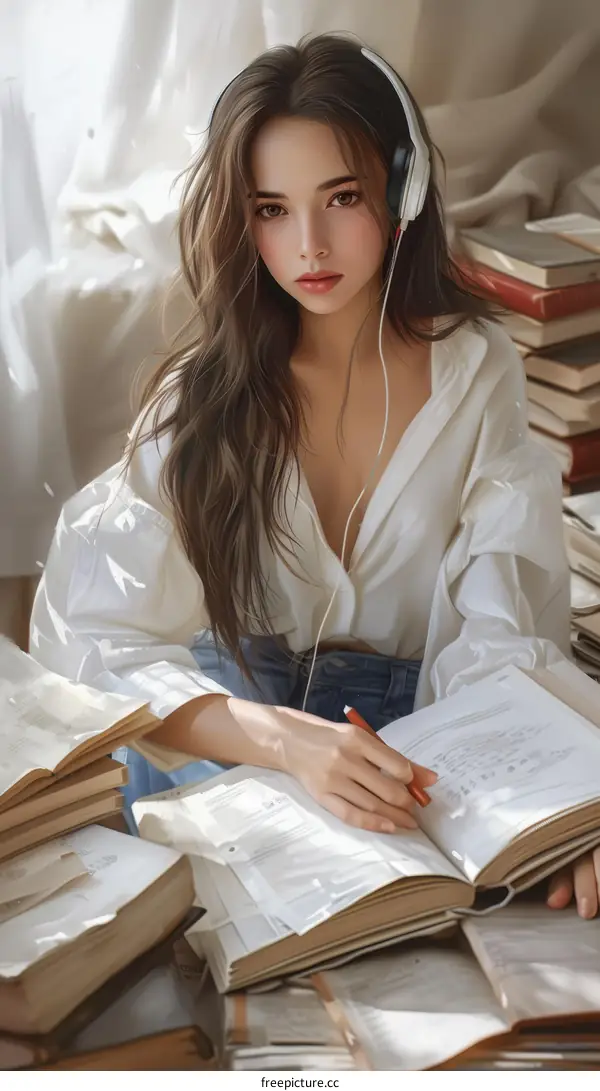A beautiful girl is studying in the library