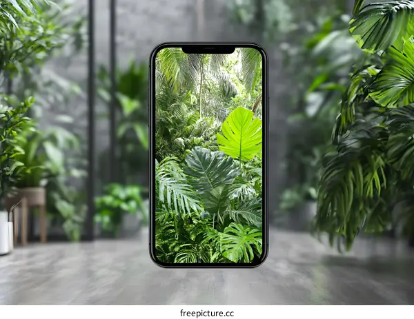 Smartphone with Green Jungle Wallpaper Display