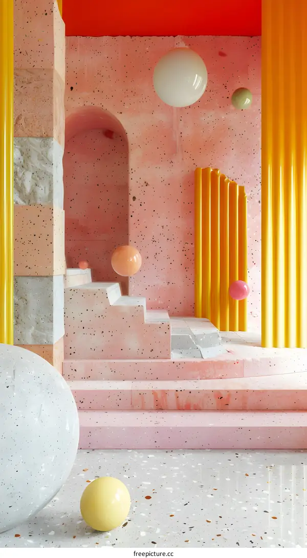Abstract Interior with Stone Steps and Colorful Spheres