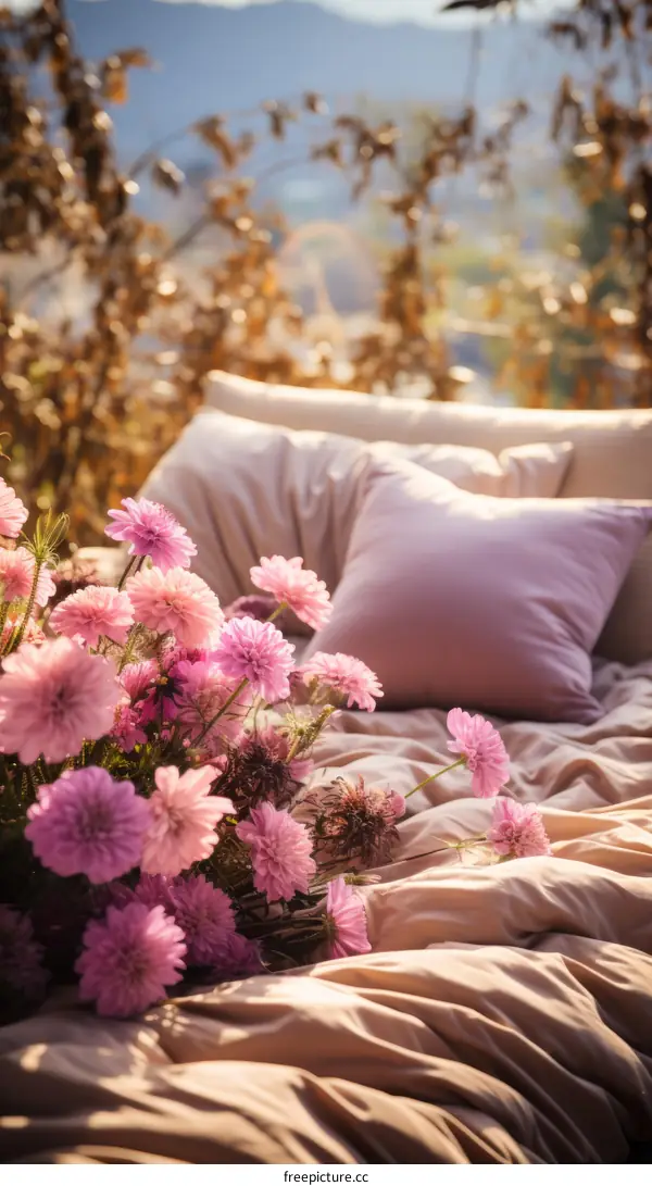 Still life with pink flowers and pillows