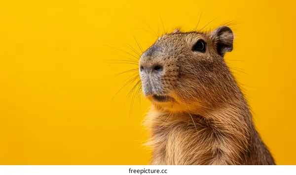 Close-up portrait of a cute brown guinea pig on a yellow background