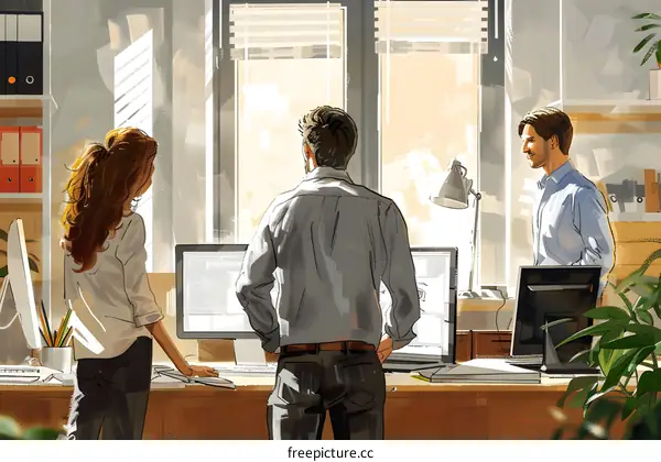 Three business people in an office looking at a computer screen