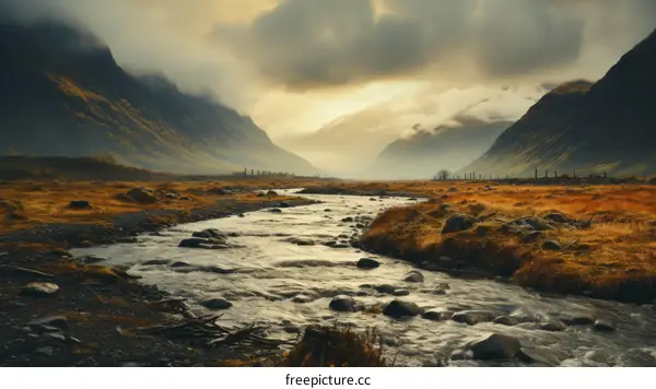 A river flowing through a valley in the mountains