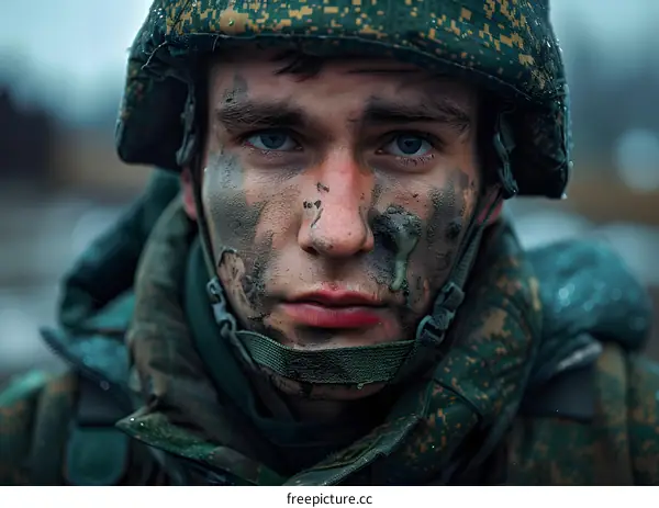 Portrait of a young soldier with camouflage on his face