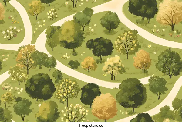 Aerial View of Winding Path Through a Lush Green Park with Trees