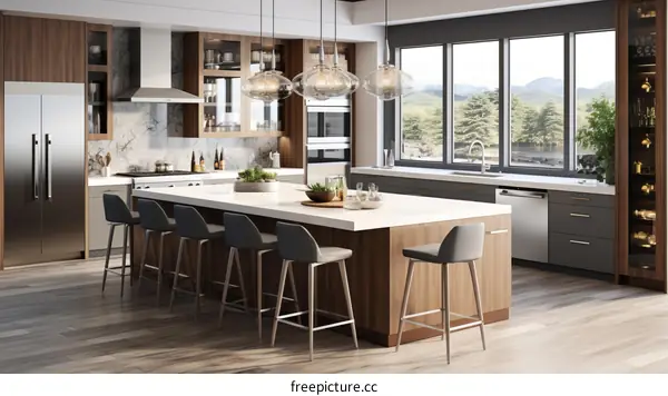 Modern kitchen with large island and beautiful lake view