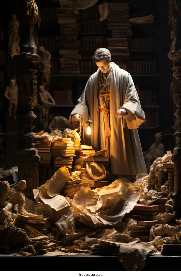 Statue of a man in a library surrounded by books and papers