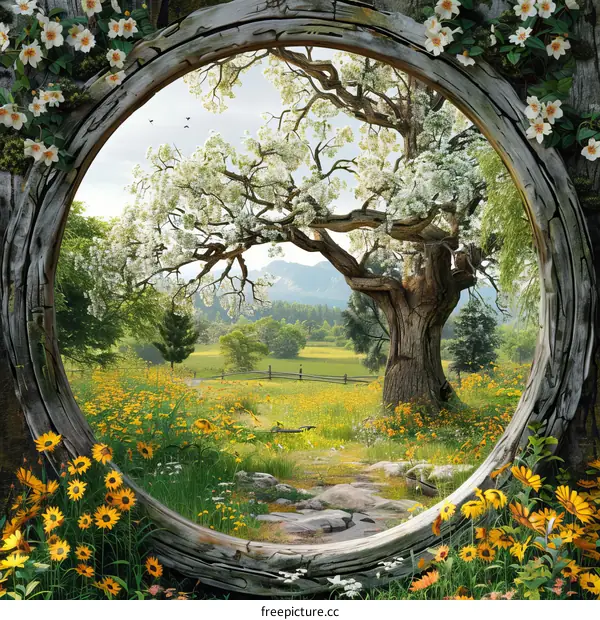 fantasy landscape with a large tree and a stone path leading to a distant mountain range