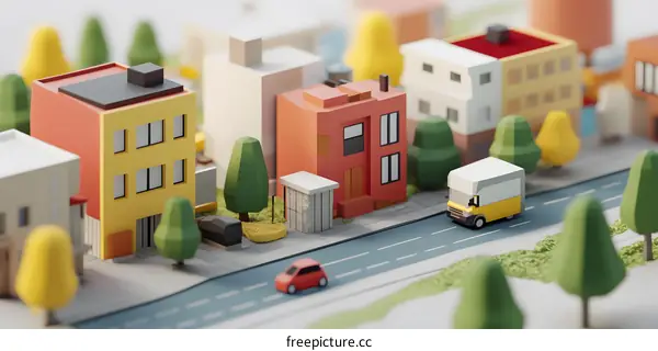Low Poly Cityscape Model with Buildings and Cars
