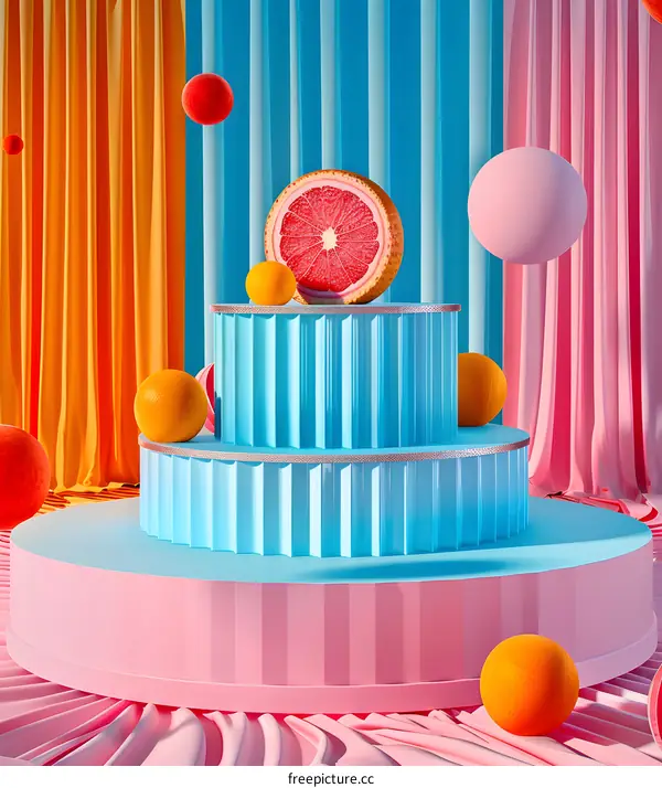 Abstract 3D Design with Grapefruit and Colorful Spheres