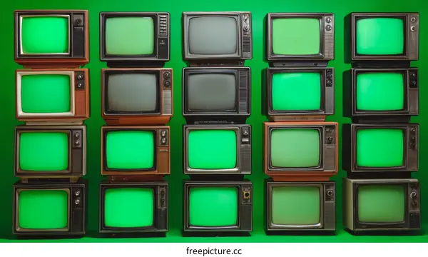 Vintage Televisions on Green Background