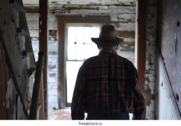 An old man standing in a ruined house