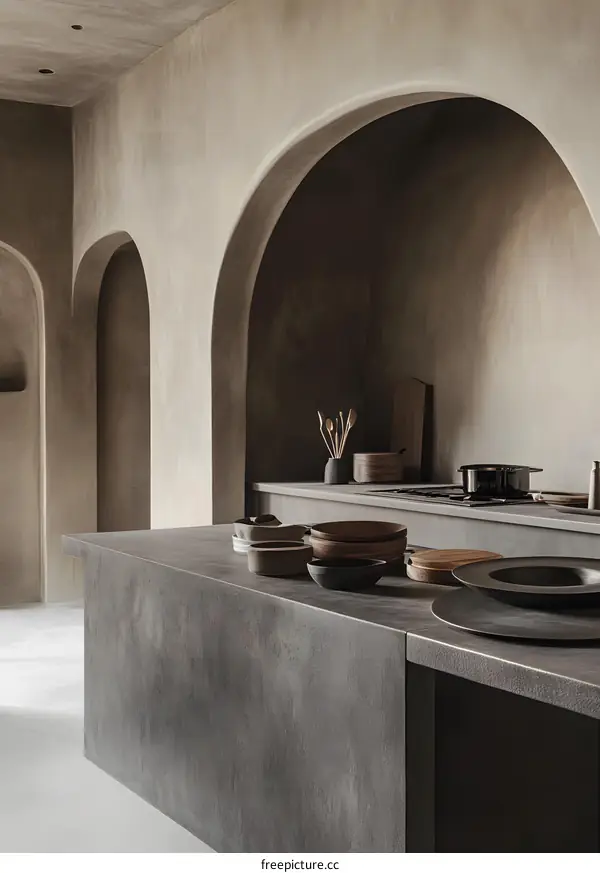Modern Kitchen Interior with Arched Walls and Concrete Countertop