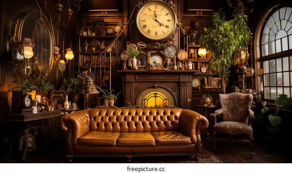 luxurious living room with leather sofa and fireplace