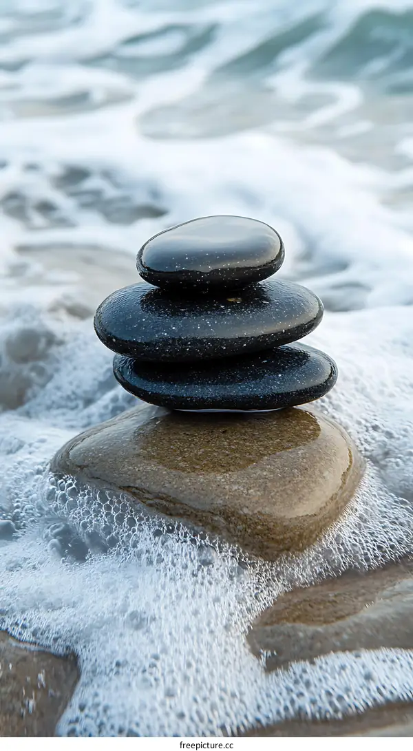 Seafoam and Stacked Rocks on a Beach