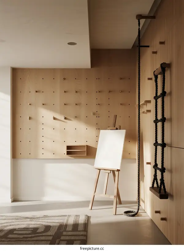 Minimalist wooden room with pegboard and easel for creative workspace