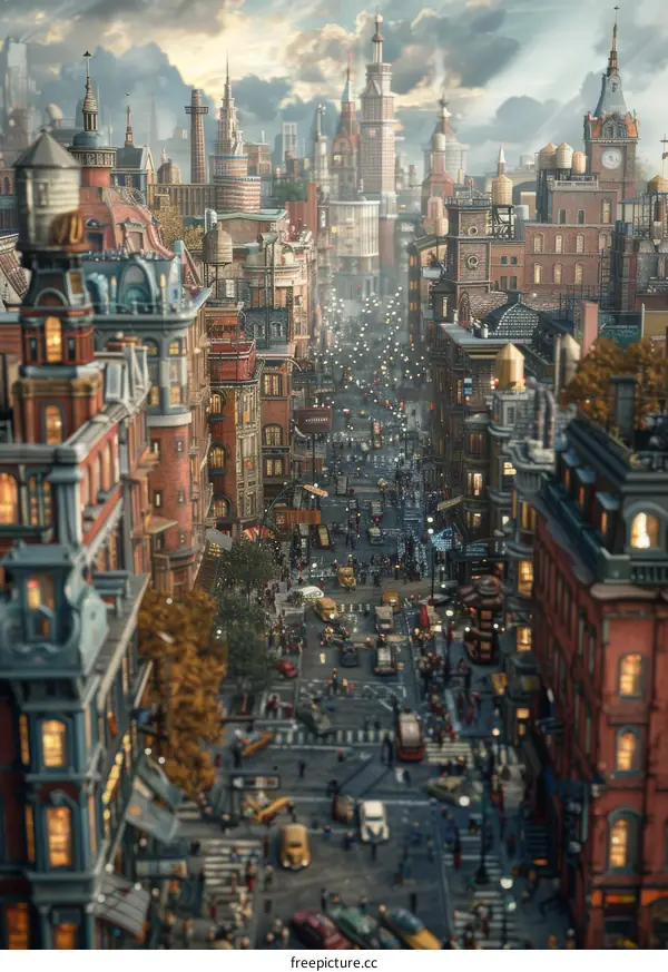 Vintage City Street Scene Illustration with Many People