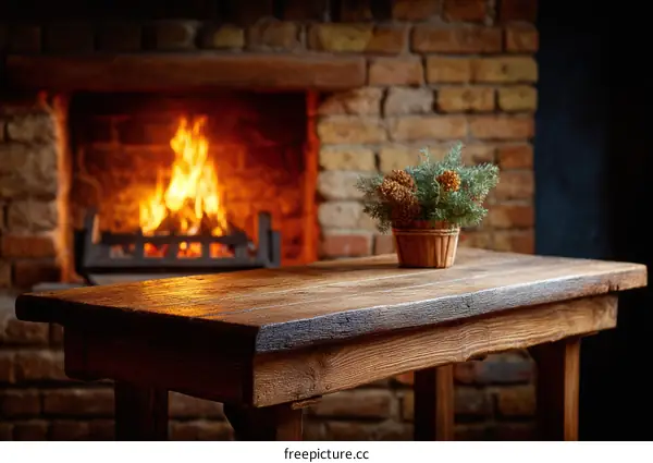Rustic Wooden Table by a Cozy Fireplace