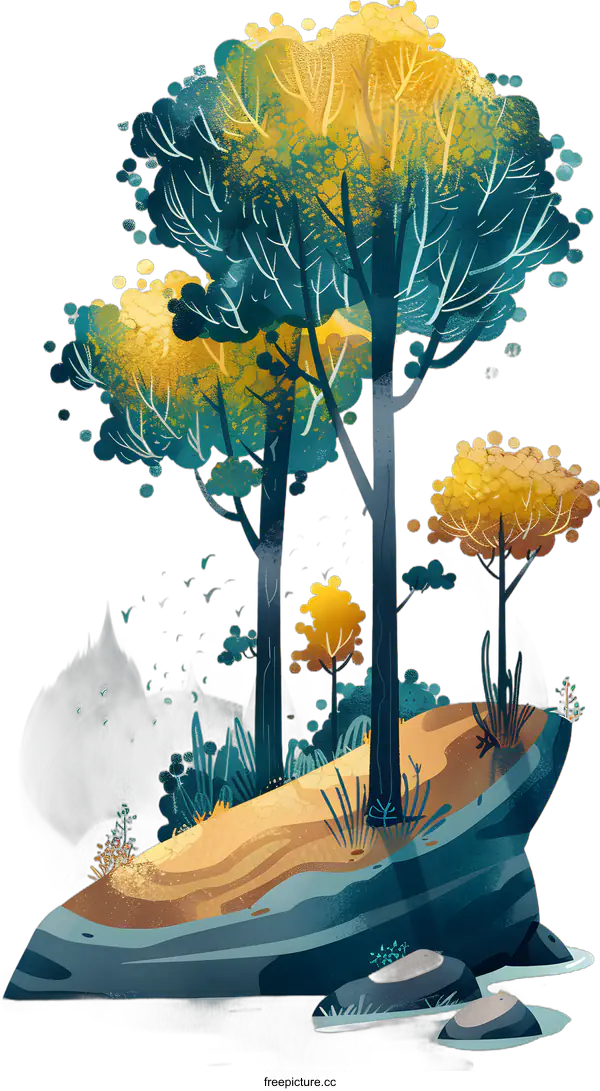 [Transparent Background PNG]Illustrated Landscape with Trees and Birds