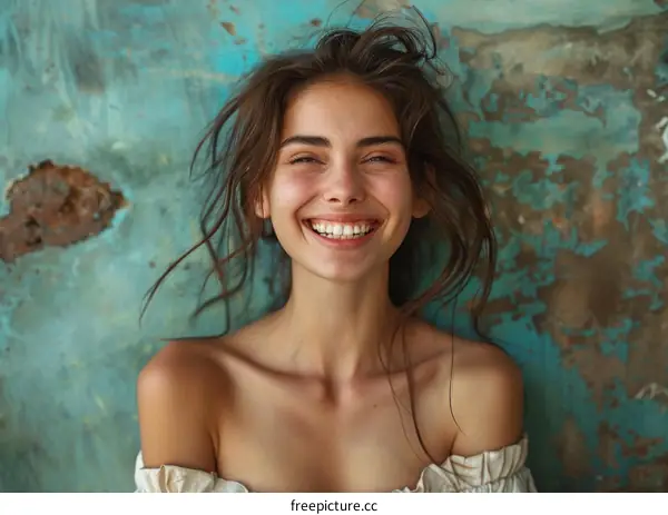 Smiling Woman Portrait Against a Textured Wall