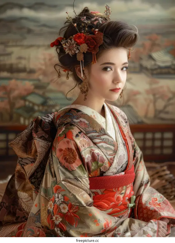 Portrait of a young woman in a kimono