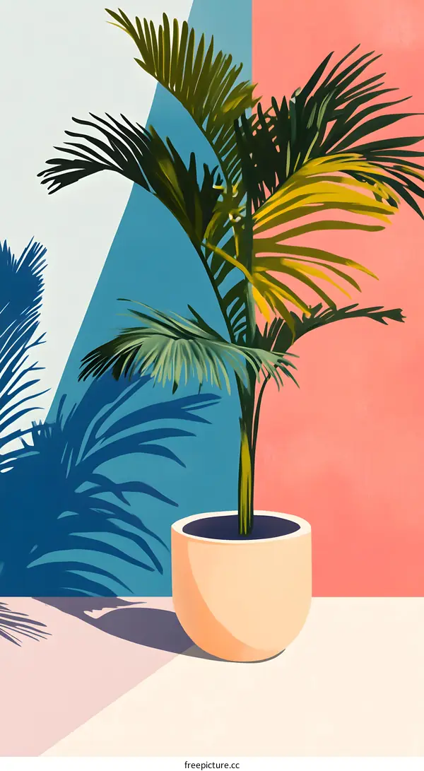 Minimalist Illustration of a Palm Tree in a Pot Against a Pastel Background
