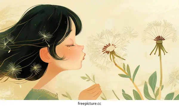 Girl Blowing Dandelion Seeds on a Sunny Spring Day