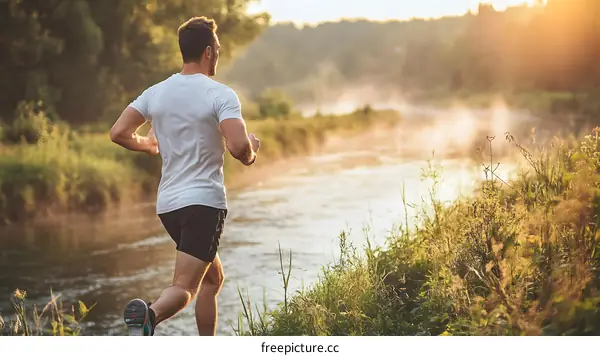 Man Running Along River Trail at Sunrise