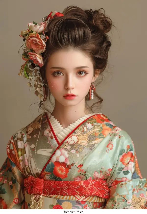 An illustration of a young woman wearing a kimono with flowers in her hair