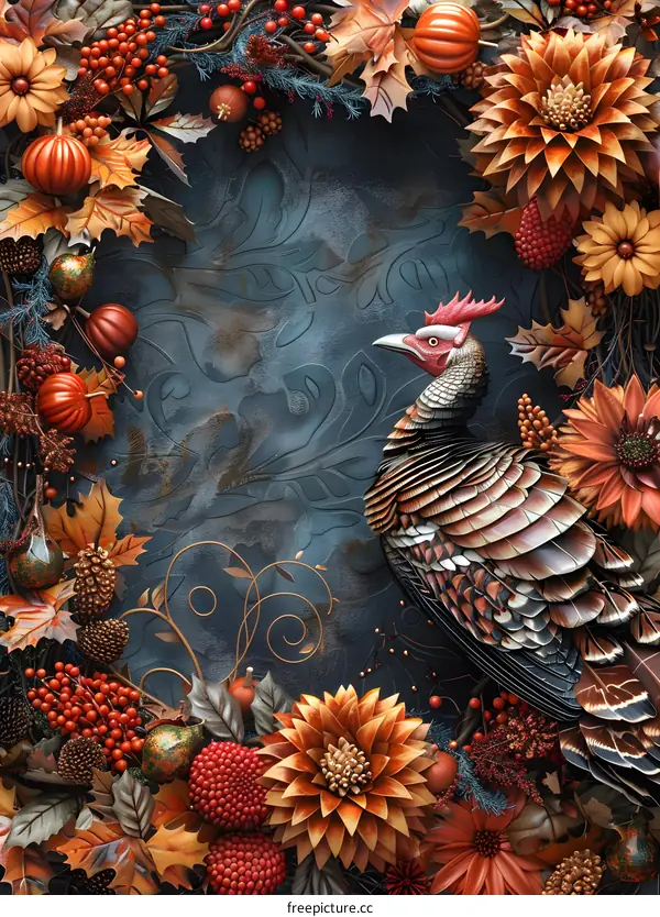 A Thanksgiving turkey surrounded by autumn harvest