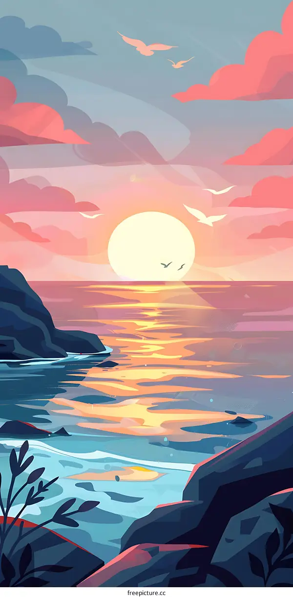 Sunset Over The Ocean With Birds Flying