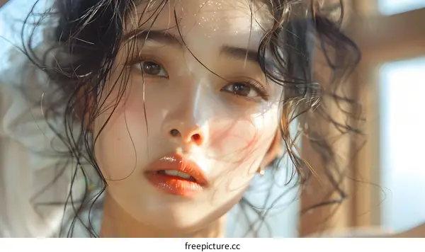 portrait of a young woman with wet hair and a pensive expression