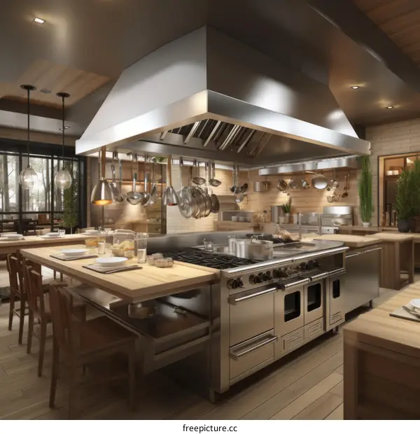 Large Commercial Kitchen With Stainless Steel Appliances