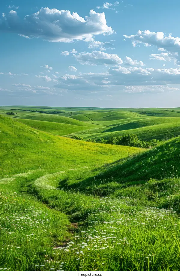 Green rolling hills under blue sky with white clouds