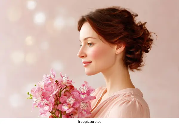 Beautiful Woman with a Bouquet of Pink Orchids
