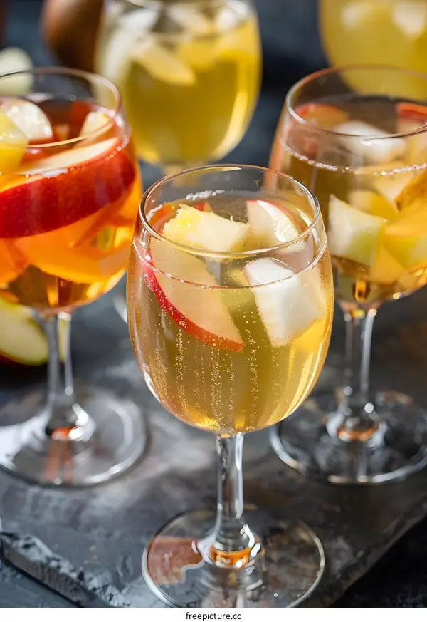 Apple Cider Sangria in Glasses on Slate Surface