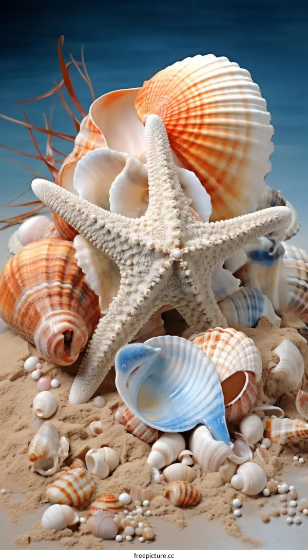 An arrangement of seashells and a starfish on a sandy background