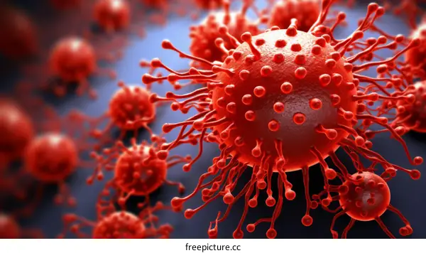 Red virus cells on a dark blue background