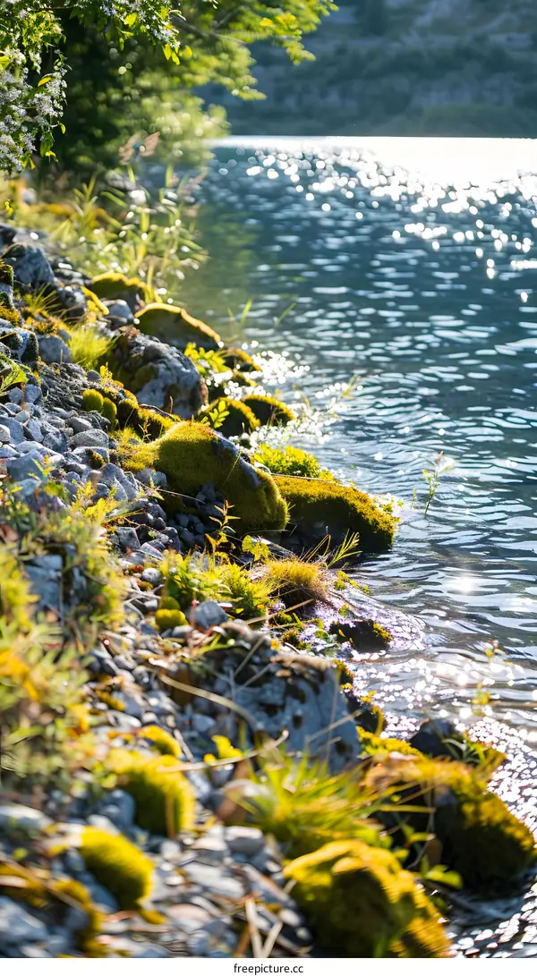 Close Up of Moss Covered Rocks on the Lake Shore