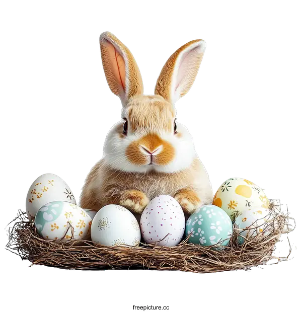 [Transparent Background PNG]Cute Easter Bunny with Decorated Eggs