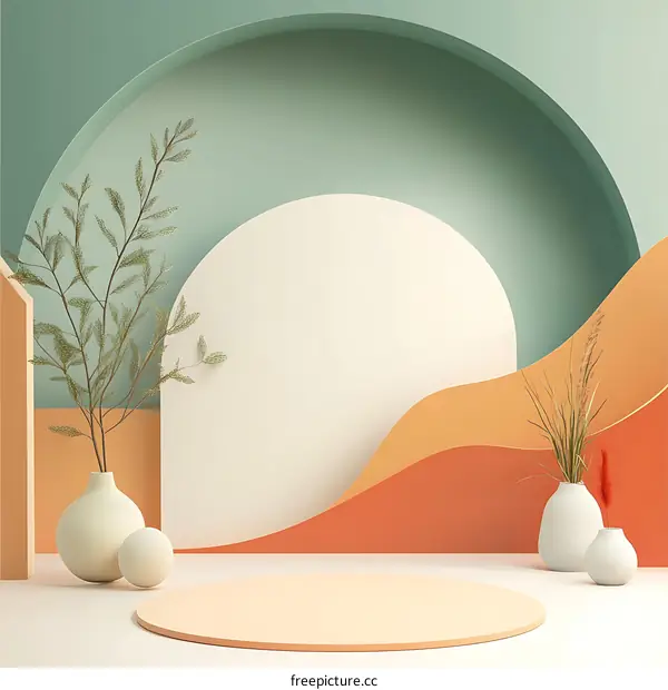 Abstract Minimalist Background with Round Platform and Plants