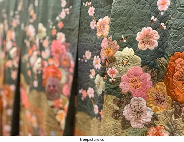 A close-up of a kimono with a floral pattern
