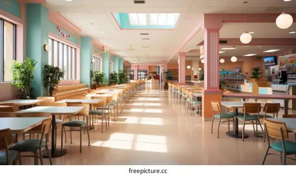 An empty food court with pink and blue walls and a skylight