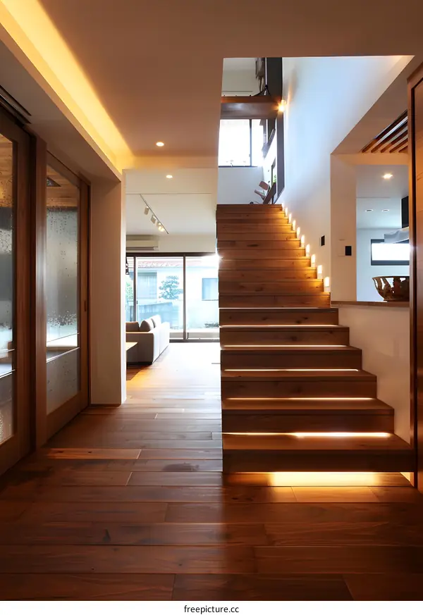 Modern Wooden Staircase with LED Lighting in a Home