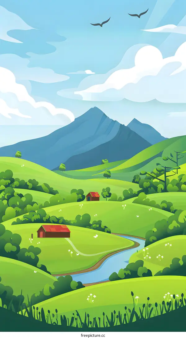 Green Hills, Mountains and a Winding River Illustration
