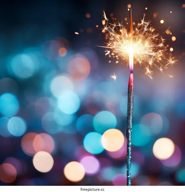 A single lit sparkler against a blurred background of blue and purple lights.