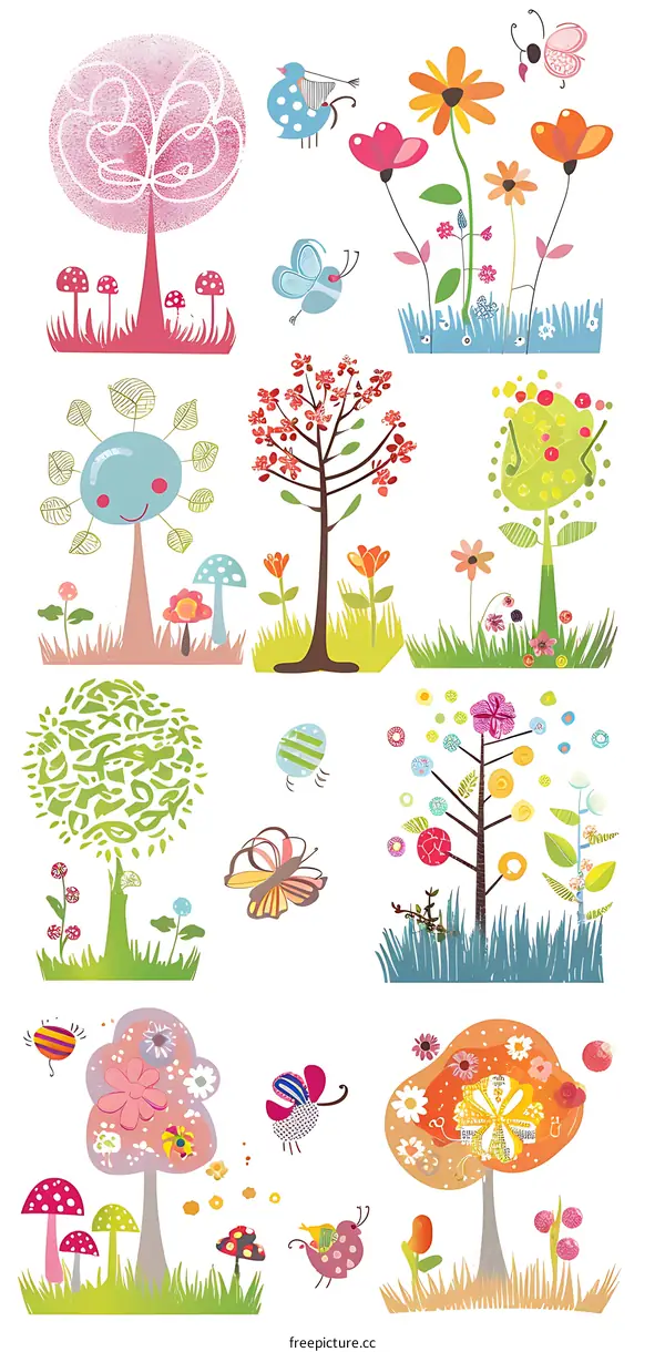 Colorful Spring Trees, Flowers, and Butterflies Illustration