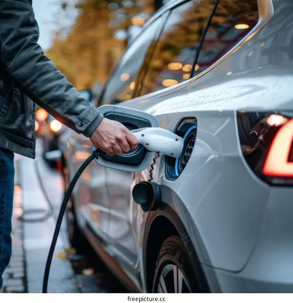 Man Plugs In Electric Car To Charge