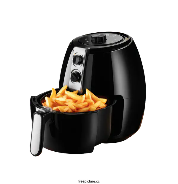 [Transparent Background PNG]Modern Black Air Fryer with French Fries